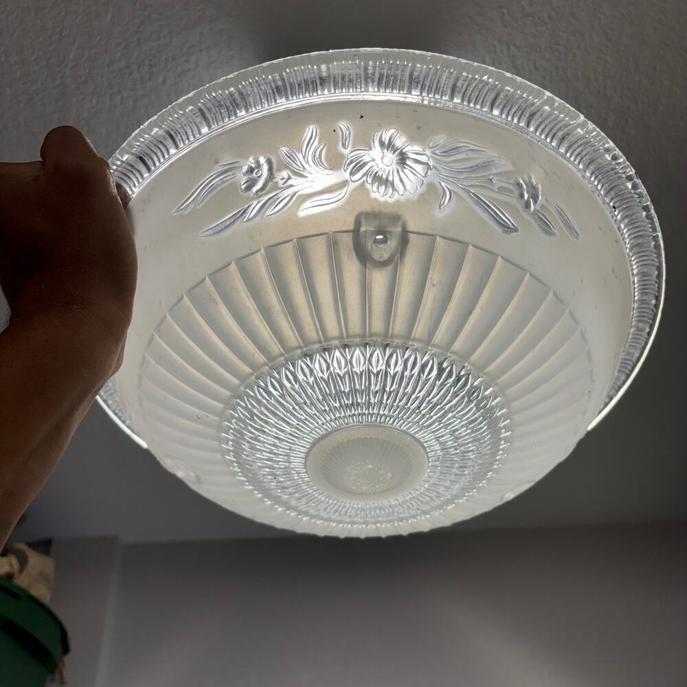 VTG Ceiling Light Pressed Glass Lamp Fixture Chandelier Shade 3 Hole 14" Floral